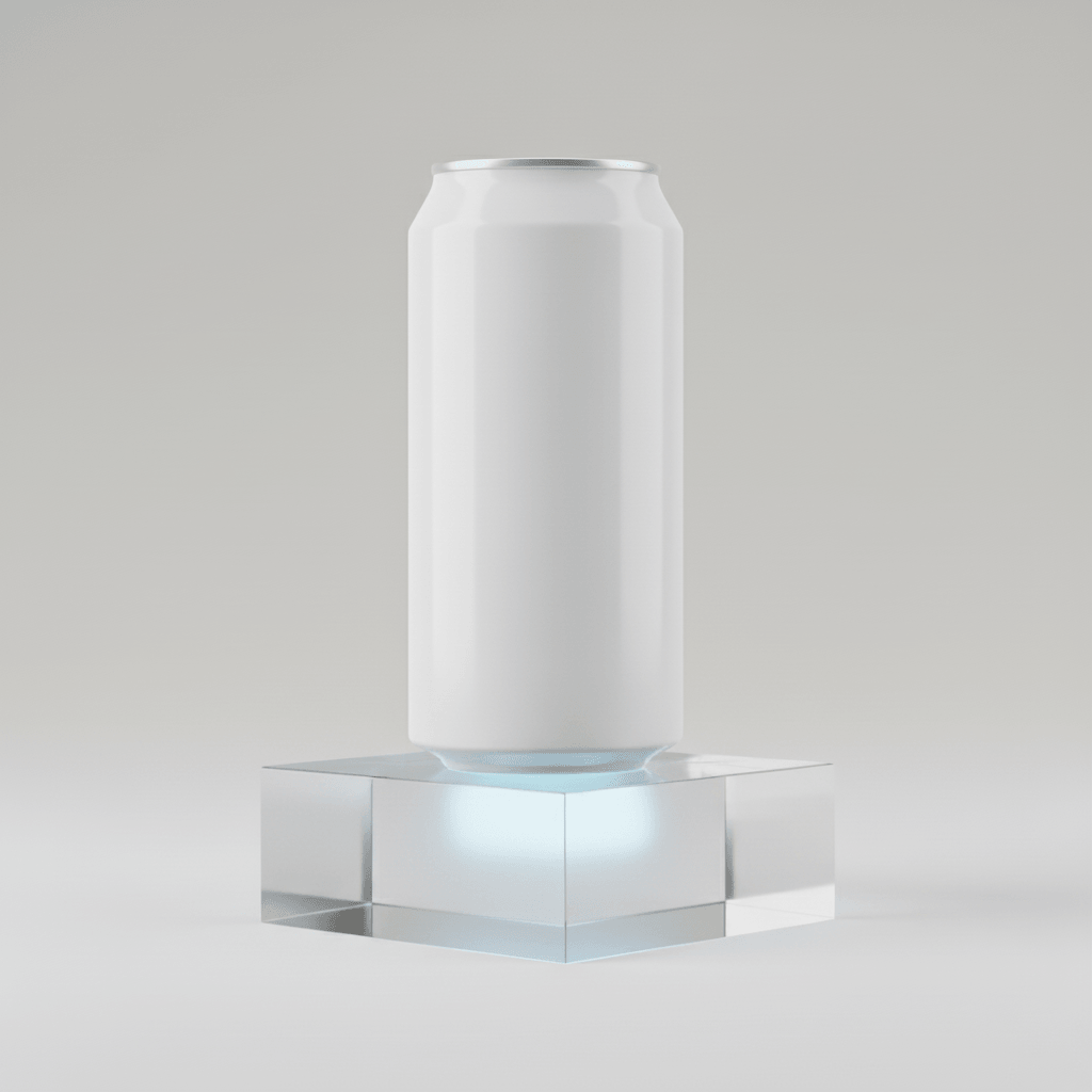 Clinical Frosted Glass Glow Can AI product photo prompt