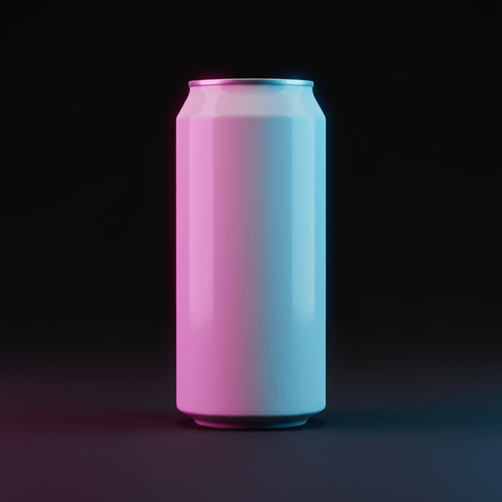 Pink & Blue Cyber Can AI product photo prompt